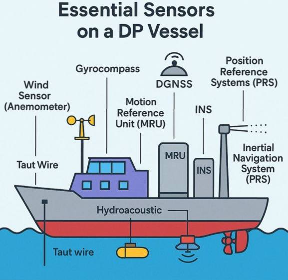 Essential sensors on a DP vessel — wind sensor, gyrocompass, MRU, DGNSS, INS, position reference systems, taut wire and hydroacoustic reference